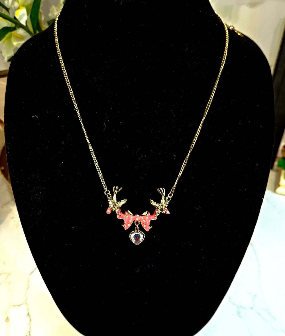 Betsey‎ Johnson Gold-Tone Bird and Pink Polka Dot Bow & Crystal Heart Pendant